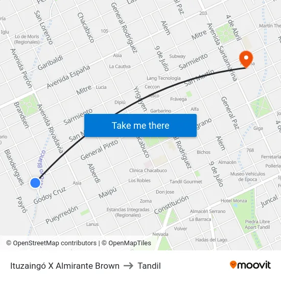 Ituzaingó X Almirante Brown to Tandil map