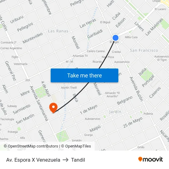 Av. Espora X Venezuela to Tandil map
