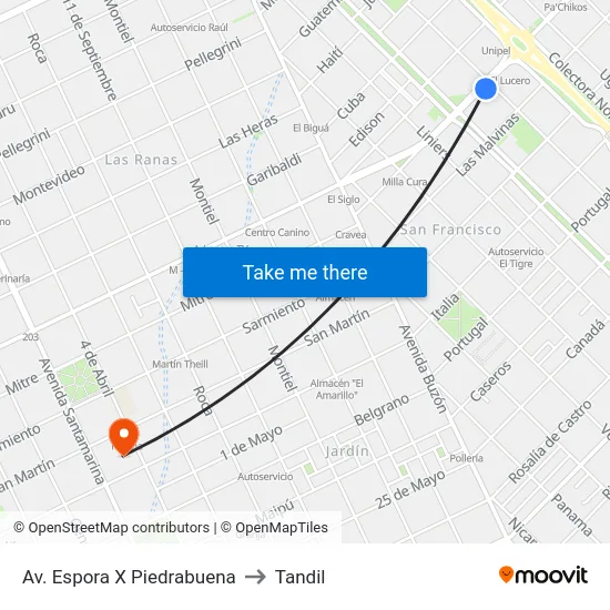 Av. Espora X Piedrabuena to Tandil map