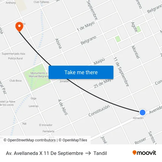 Av. Avellaneda X 11 De Septiembre to Tandil map