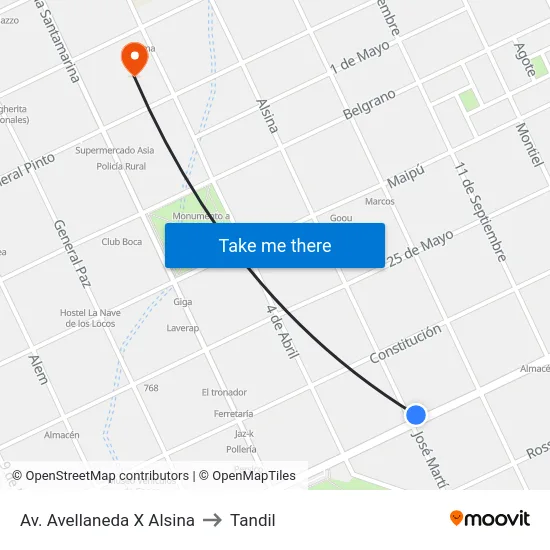 Av. Avellaneda X Alsina to Tandil map