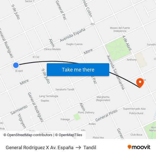 General Rodríguez X Av. España to Tandil map