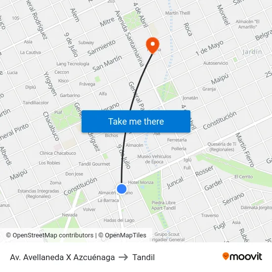 Av. Avellaneda X Azcuénaga to Tandil map