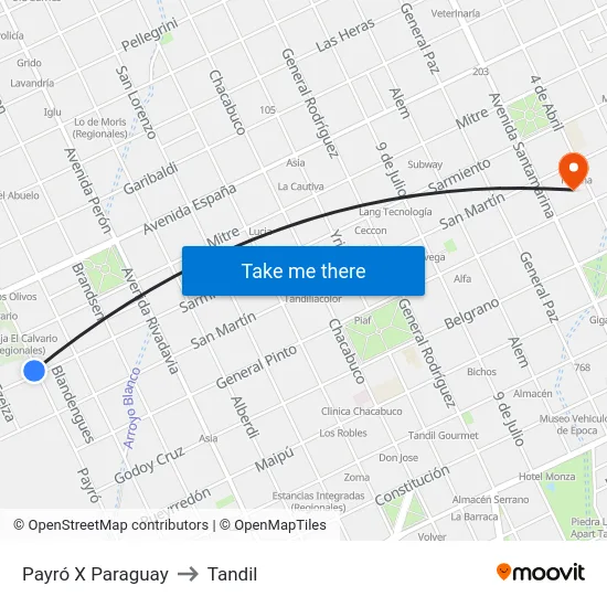 Payró X Paraguay to Tandil map
