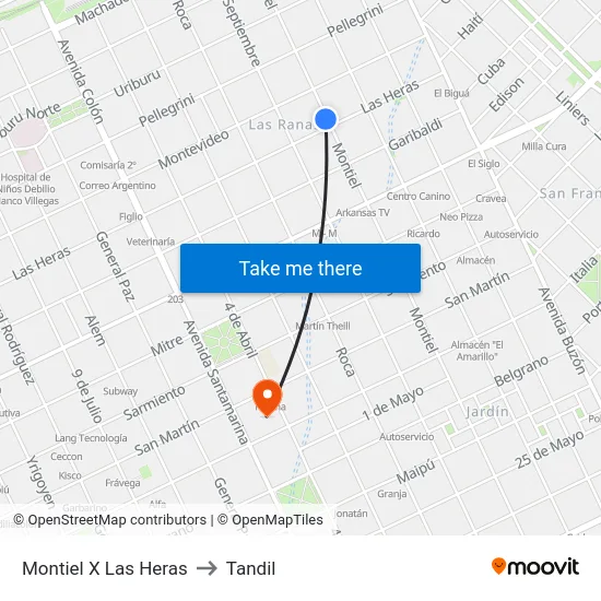 Montiel X Las Heras to Tandil map