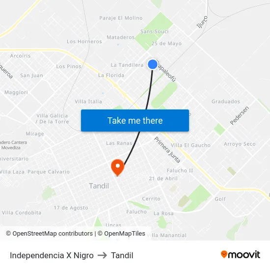Independencia X Nigro to Tandil map