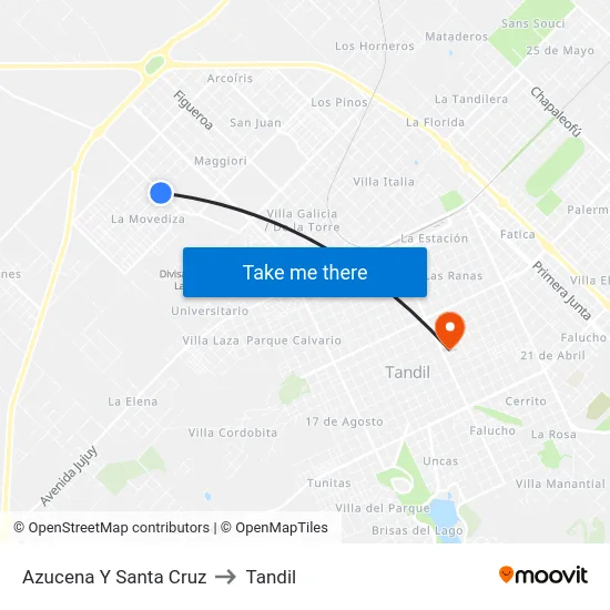Azucena Y Santa Cruz to Tandil map
