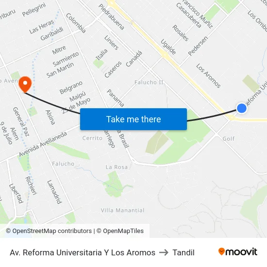 Av. Reforma Universitaria Y Los Aromos to Tandil map