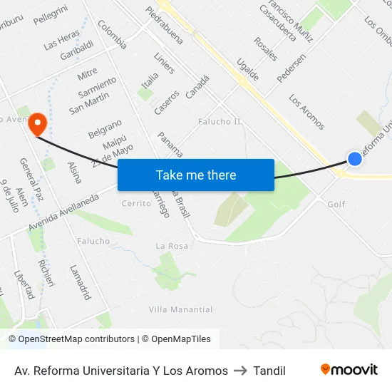 Av. Reforma Universitaria Y Los Aromos to Tandil map