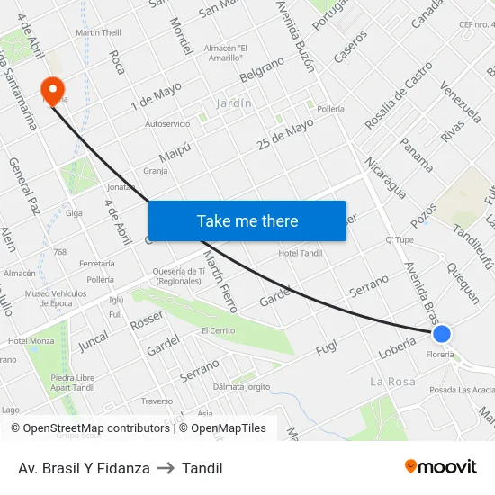 Av. Brasil Y Fidanza to Tandil map