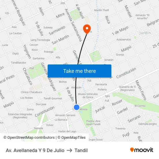 Av. Avellaneda Y 9 De Julio to Tandil map