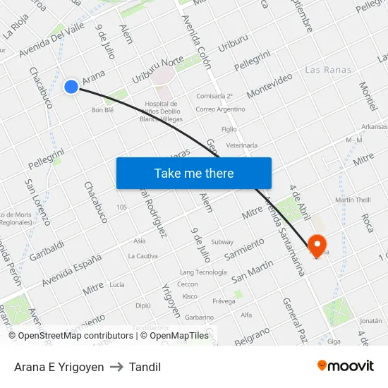 Arana E Yrigoyen to Tandil map