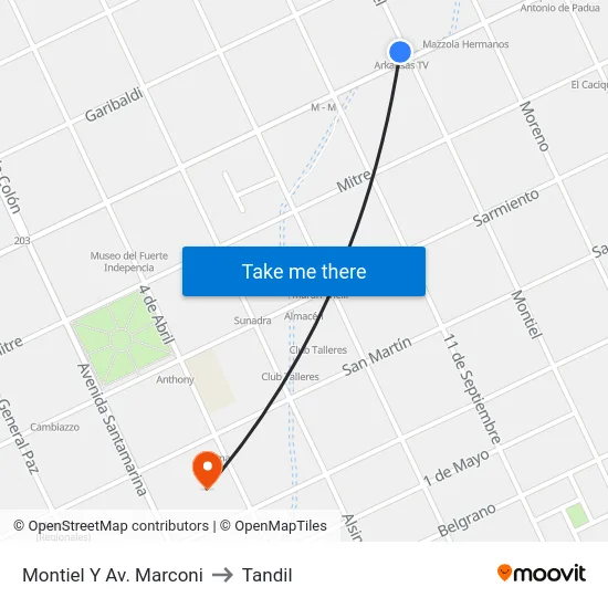 Montiel Y Av. Marconi to Tandil map
