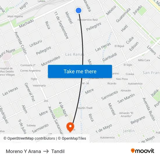 Moreno Y Arana to Tandil map