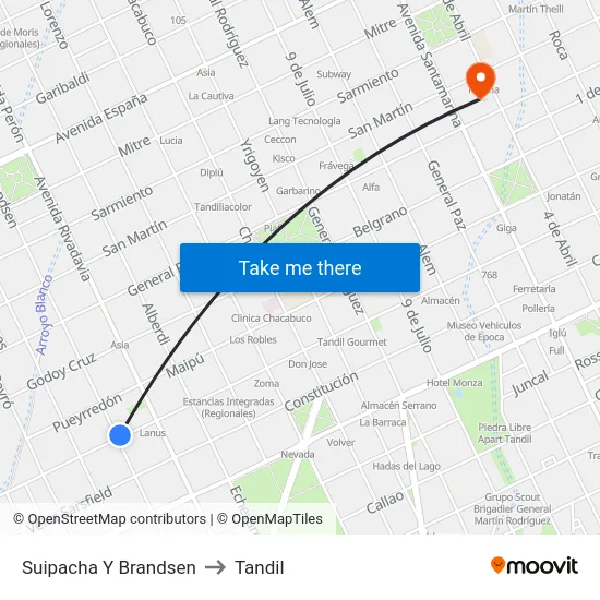 Suipacha Y Brandsen to Tandil map