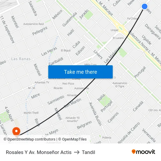 Rosales Y Av. Monseñor Actis to Tandil map