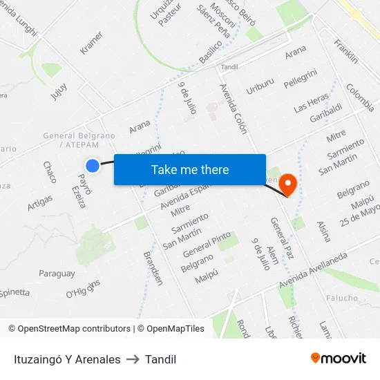 Ituzaingó Y Arenales to Tandil map