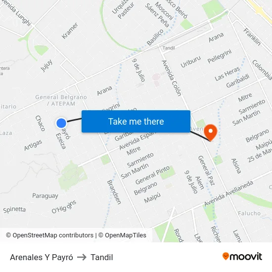 Arenales Y Payró to Tandil map