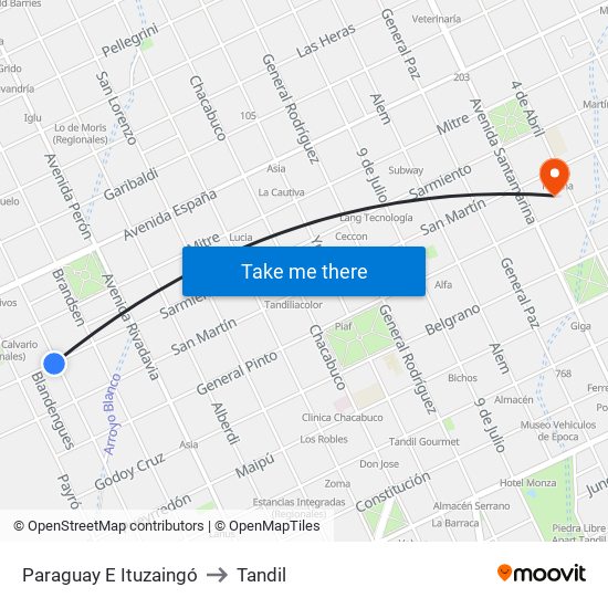 Paraguay E Ituzaingó to Tandil map