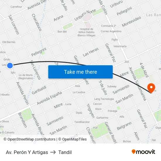 Av. Perón Y Artigas to Tandil map