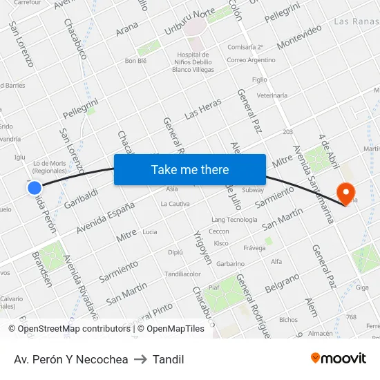Av. Perón Y Necochea to Tandil map