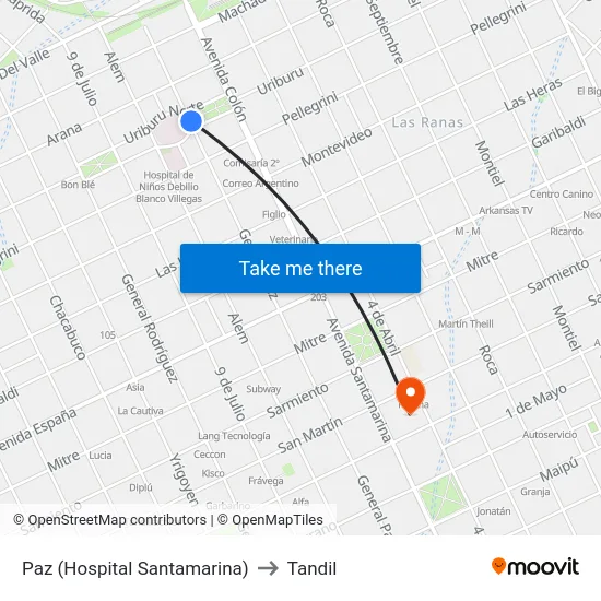 Paz (Hospital Santamarina) to Tandil map