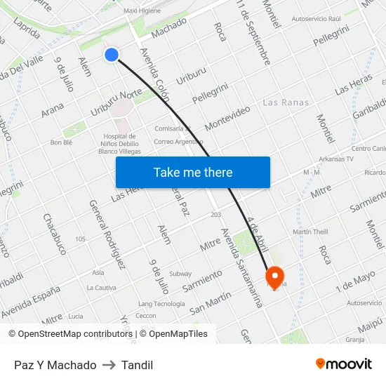 Paz Y Machado to Tandil map