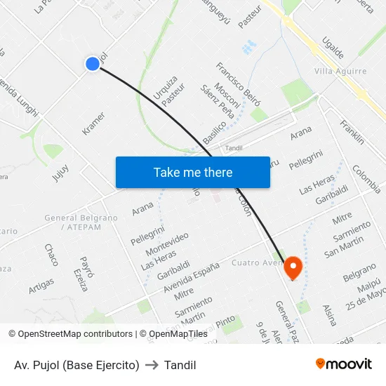 Av. Pujol (Base Ejercito) to Tandil map