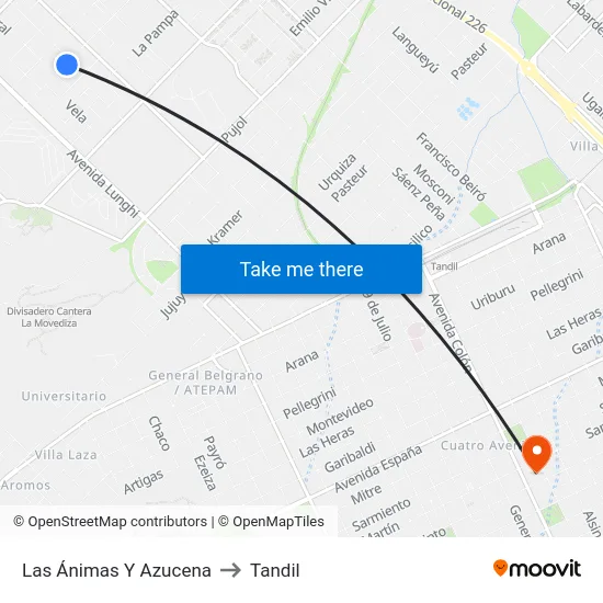 Las Ánimas Y Azucena to Tandil map