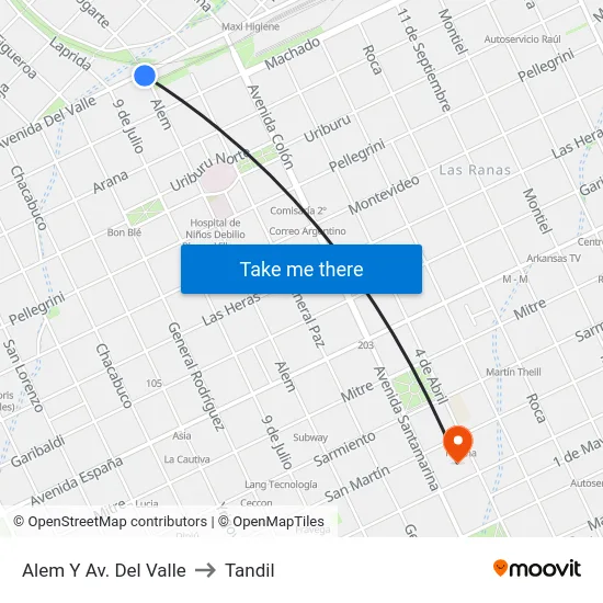 Alem Y Av. Del Valle to Tandil map