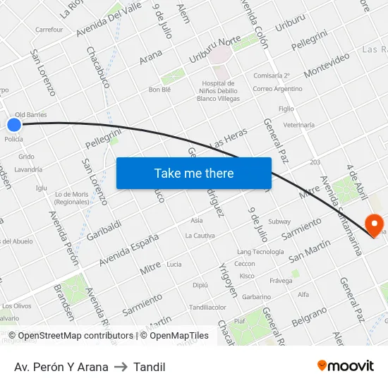 Av. Perón Y Arana to Tandil map