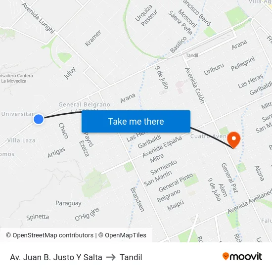 Av. Juan B. Justo Y Salta to Tandil map