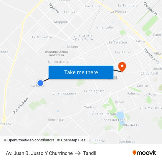 Av. Juan B. Justo Y Churrinche to Tandil map