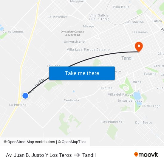 Av. Juan B. Justo Y Los Teros to Tandil map