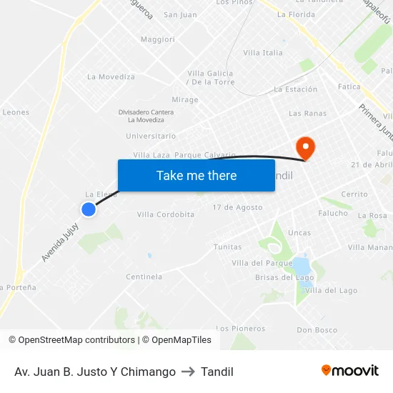 Av. Juan B. Justo Y Chimango to Tandil map