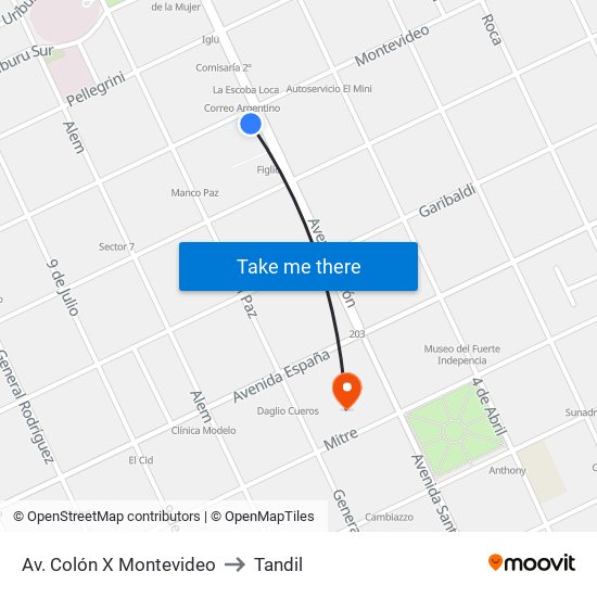 Av. Colón X Montevideo to Tandil map