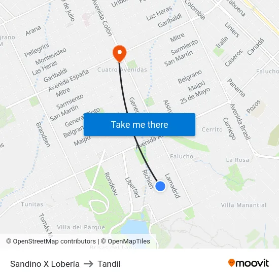 Sandino X Lobería to Tandil map