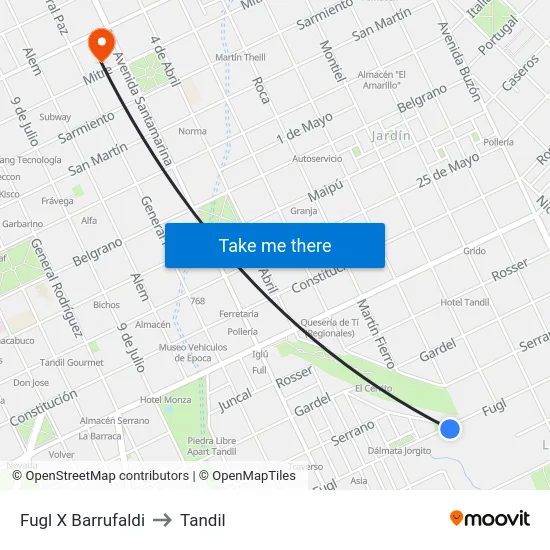 Fugl X Barrufaldi to Tandil map
