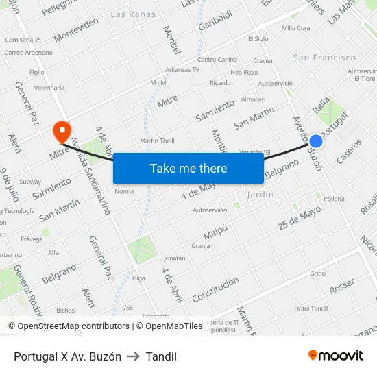 Portugal X Av. Buzón to Tandil map