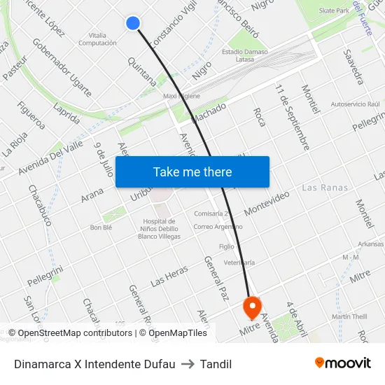 Dinamarca X Intendente Dufau to Tandil map