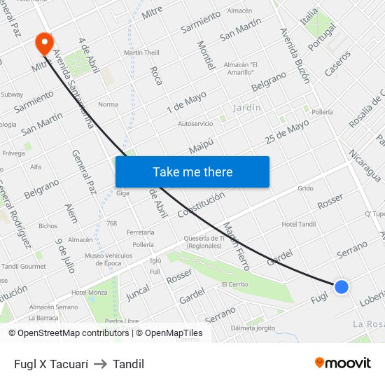 Fugl X Tacuarí to Tandil map