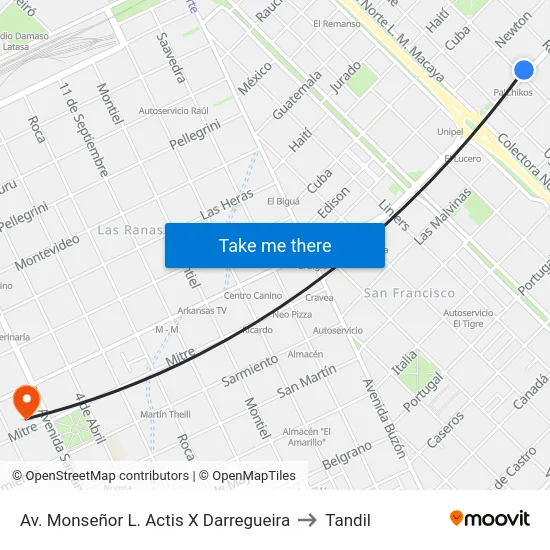 Av. Monseñor L. Actis X Darregueira to Tandil map