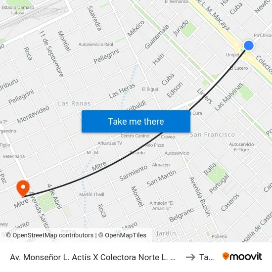 Av. Monseñor L. Actis X Colectora Norte L. M. Macaya to Tandil map