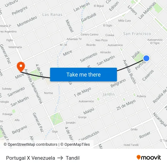 Portugal X Venezuela to Tandil map