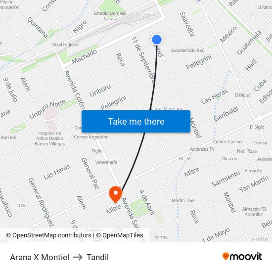 Arana X Montiel to Tandil map
