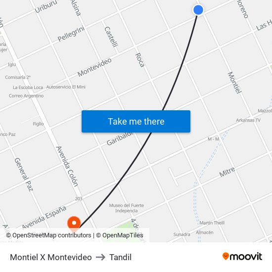 Montiel X Montevideo to Tandil map