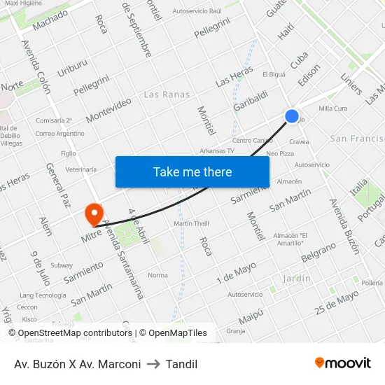 Av. Buzón X Av. Marconi to Tandil map