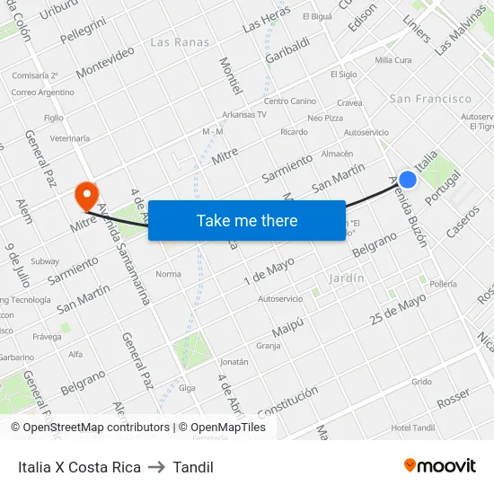 Italia X Costa Rica to Tandil map