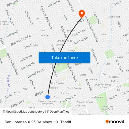 San Lorenzo X 25 De Mayo to Tandil map