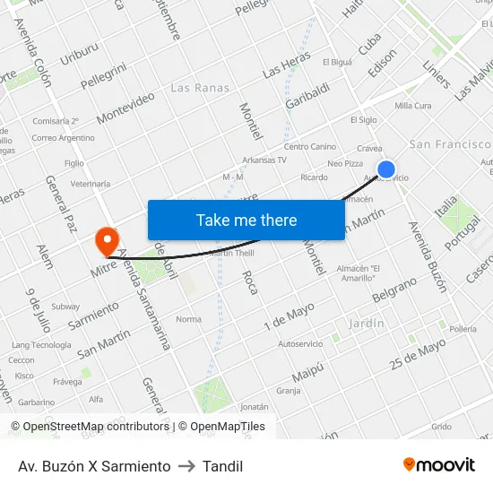 Av. Buzón X Sarmiento to Tandil map
